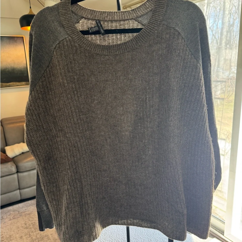 EILEEN FISHER Gray Knit Crewneck Sweater with Brown Leather Elbow Patches - Picture 2 of 6
